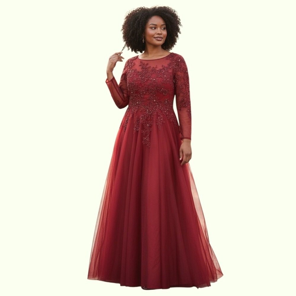 Azazie Burgundy Lace Sequin Tulle Long Sleeve Formal Gown Dress Size 0 C